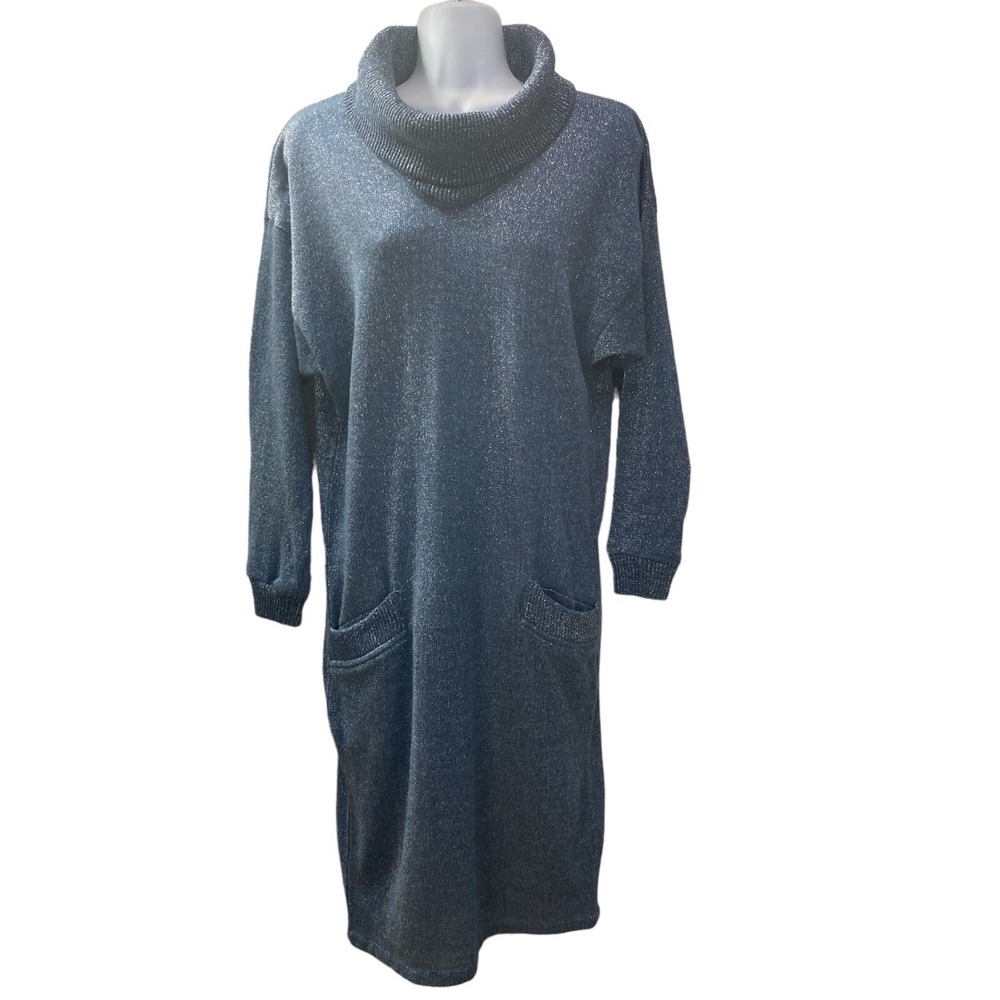 Vtg All That Jazz California Turtleneck Dress Blue Metallic pockets size 7